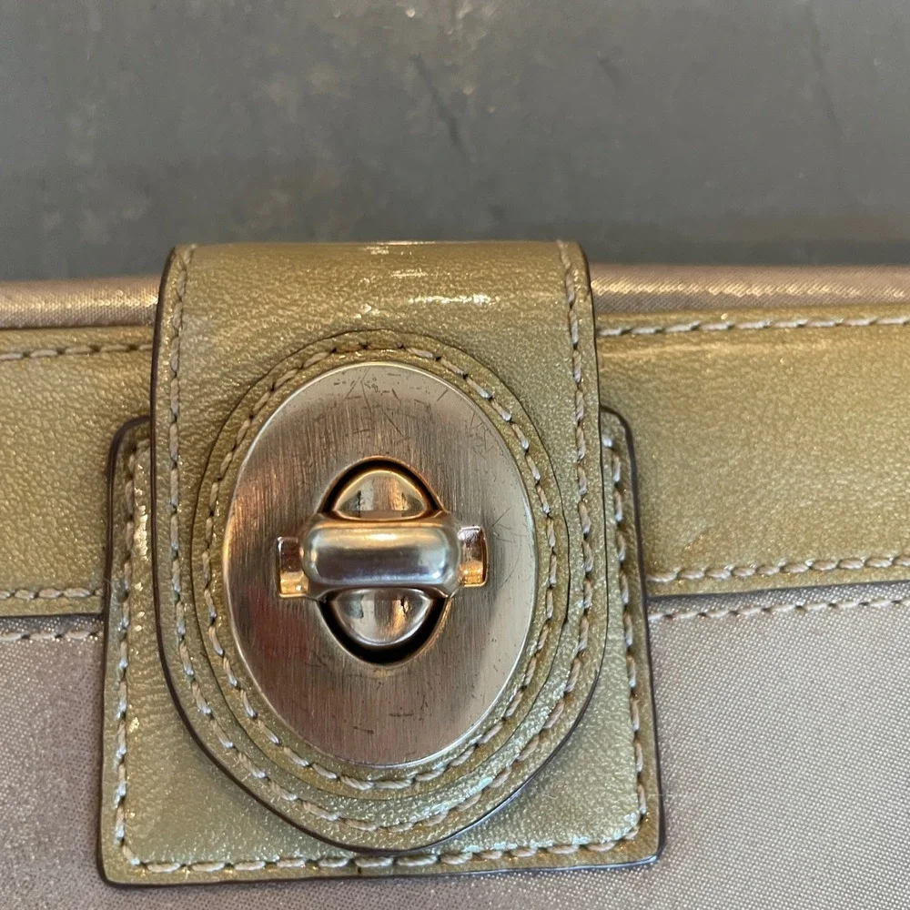 Coach Metallic Champagne Gold Leather Slim Envelope Turnlock Wallet Pink FLAW